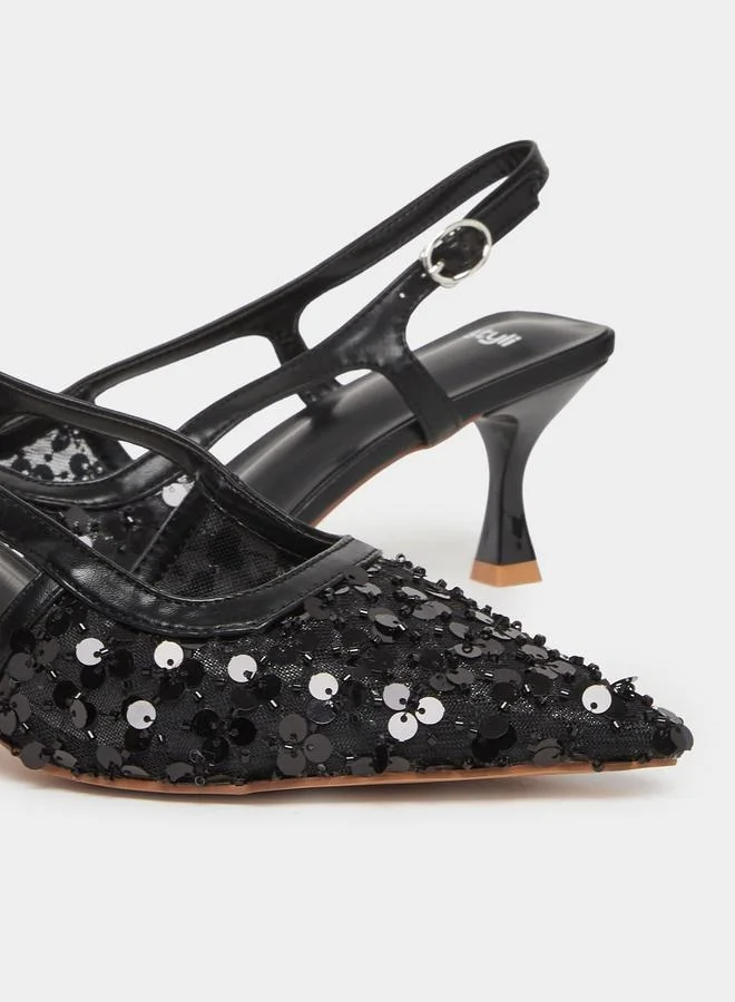 Styli Women Black Sequin Slingback Kitten Heels Shoes